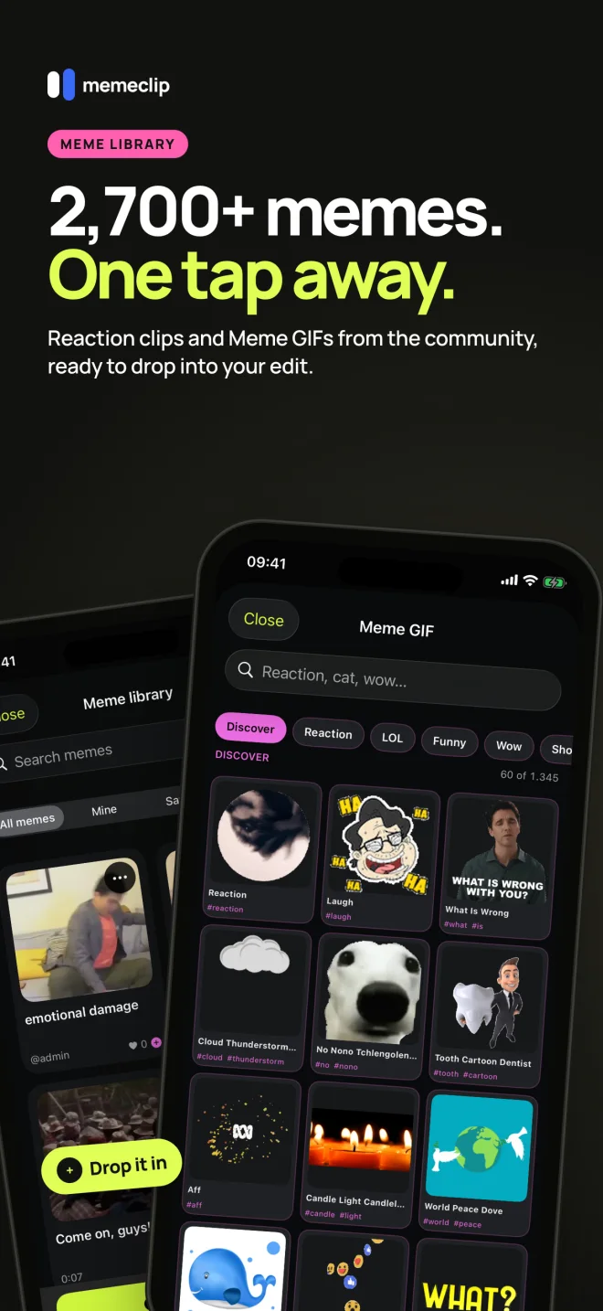2,700+ memes, one tap away. — Memeclip feature preview
