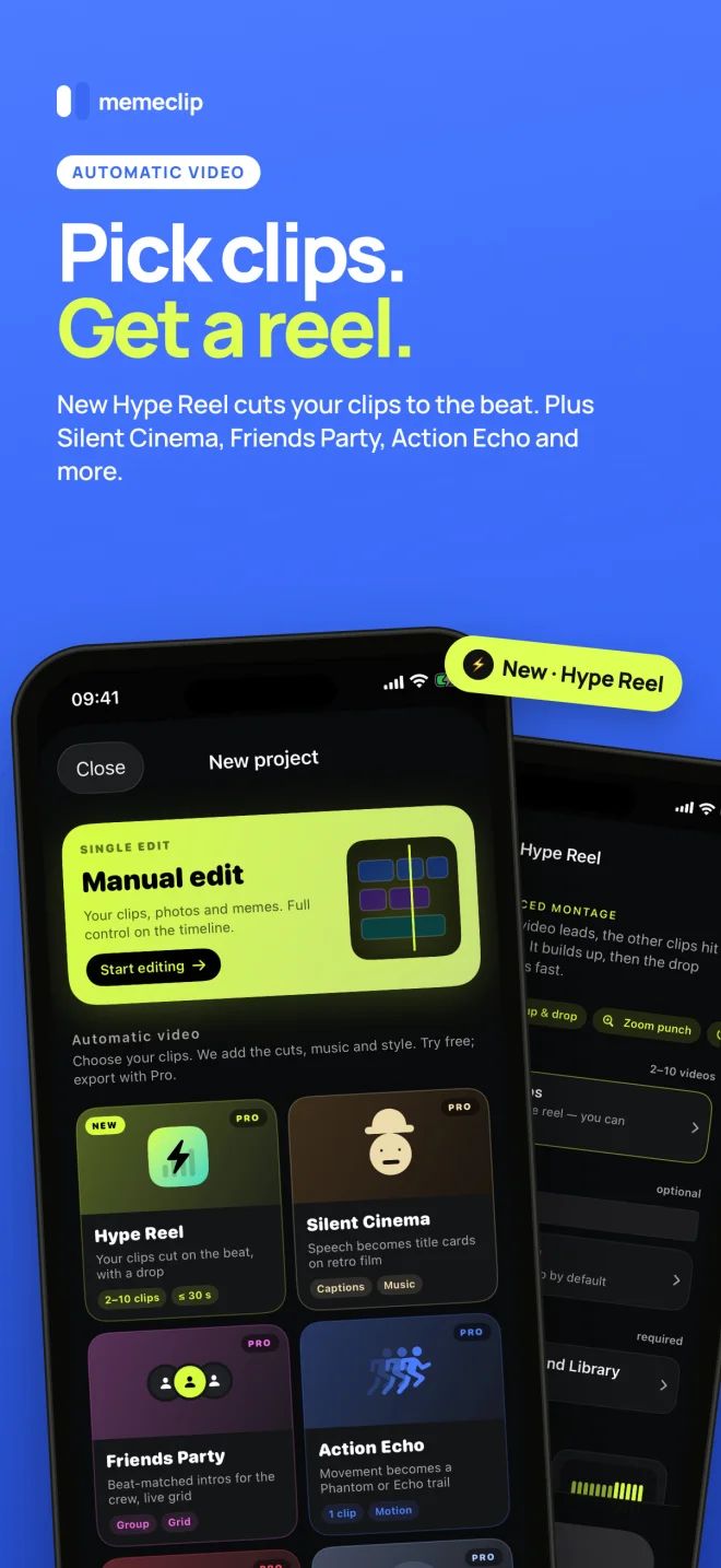 Pick clips. Get a reel. — Memeclip feature preview
