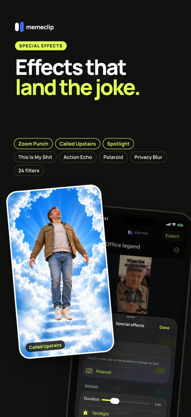 Effects that land the joke. — Memeclip feature preview