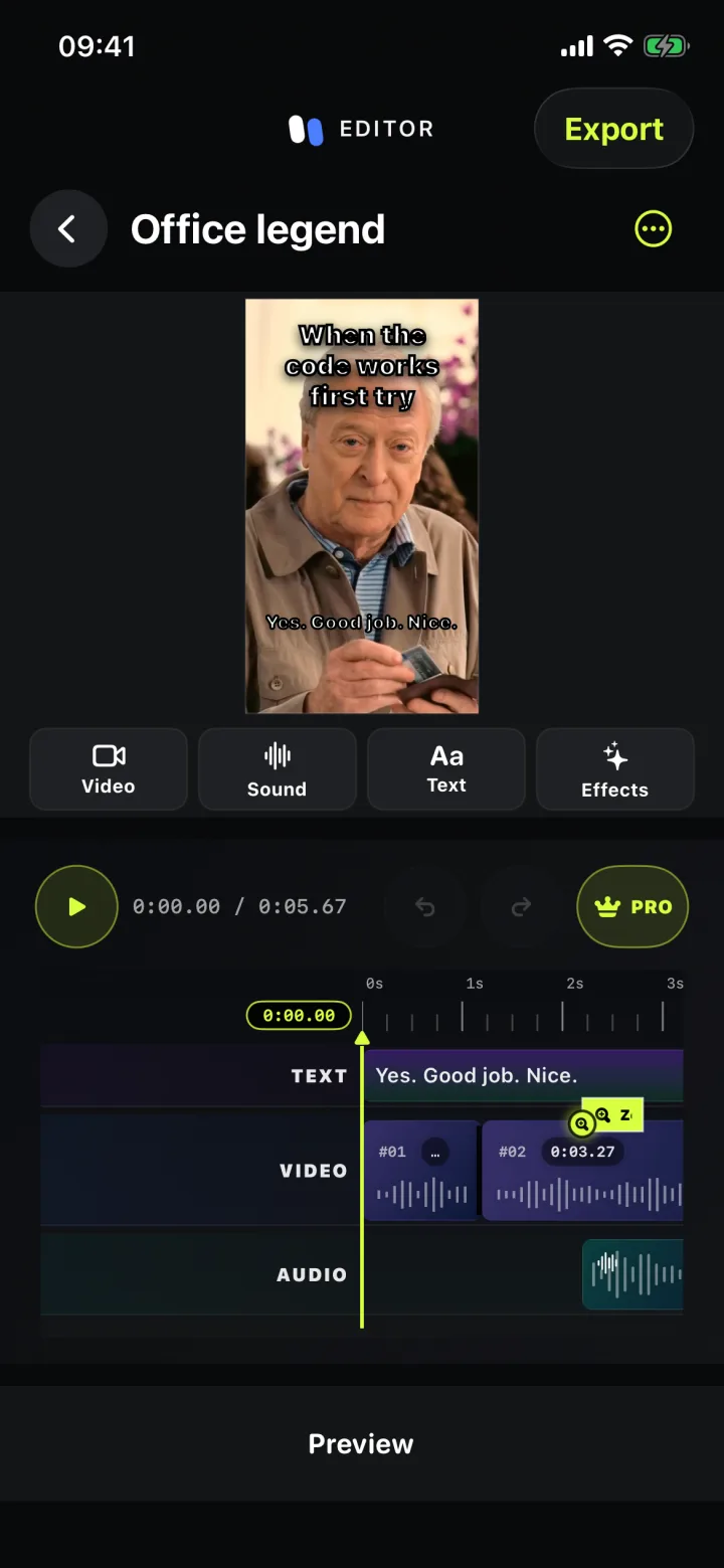 Memeclip editor with a meme and captions